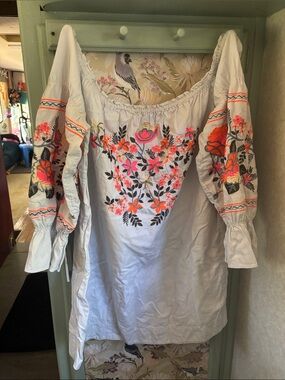 Free People White Off-Shoulder Embroidered Boho Tunic with Neon Floral Motif